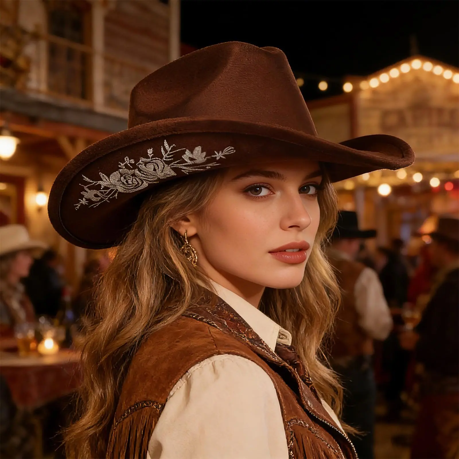 Women's Embroidered Floral Western Cowboy Hat - Adjustable Outdoor Cap with Western Elegance, Wild West & Urban Cowboy Vibe, Coffee-Themed Unisex Rodeo Fashion Accessory for Party & Daily Wear