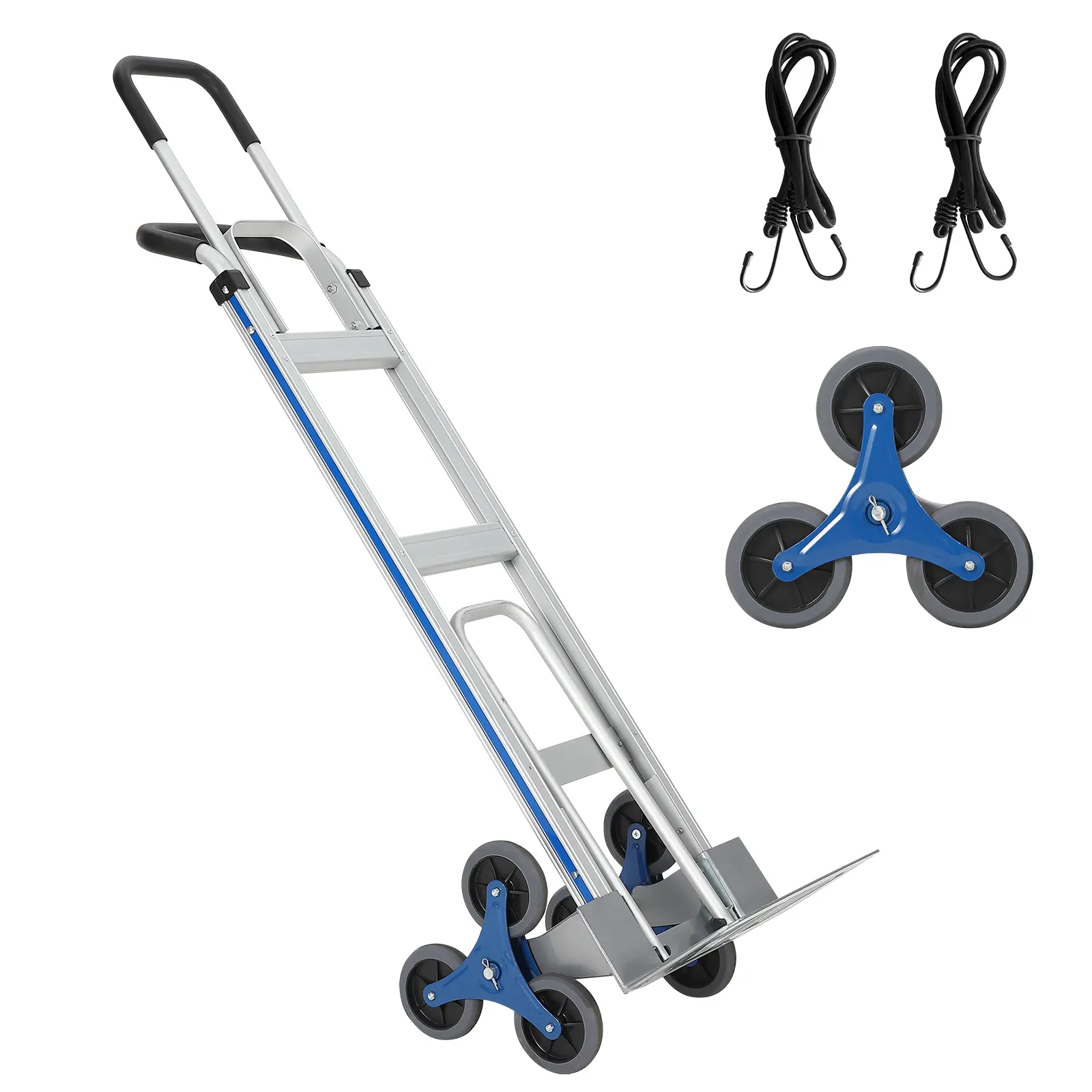 Aluminum Hand Truck Dolly Cart, 600 LBS Heavy-Duty Capacity，2 in 1 Heavy-Duty Stair Climber Hand Truck Dolly with Extendable Base Plate, Dual Handles, 6 Wheels & 2 Elastic Ropes, for Home Shopping Warehouse