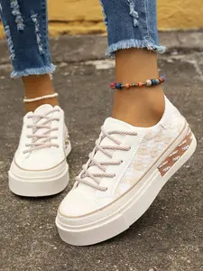 Women's New Checkered Woven Thick Sole Sneakers, Fashion Versatile Colorblock Casual Canvas Shoes, PU Leather Upper, Rubber Sole