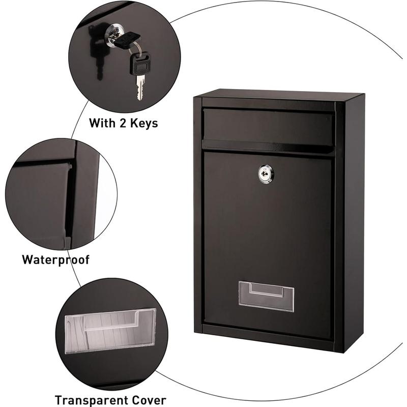 Wall Mount Mailbox, Steel Cover Metal Drop Box, Mail Box with Key Lock, Dropbox with Slot for Envelope, Home, Outside, Office Business, Decor, 12.6" H x 8.5" L x 3.3" W, Black