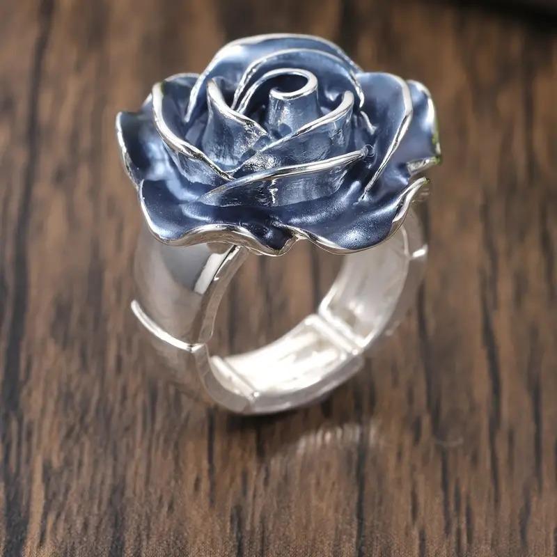 Vintage Enamel Blue Rose Statement Ring for Women | Rococo Style European & American Elegant Jewelry | TikTok Live Cross-Border Accessory