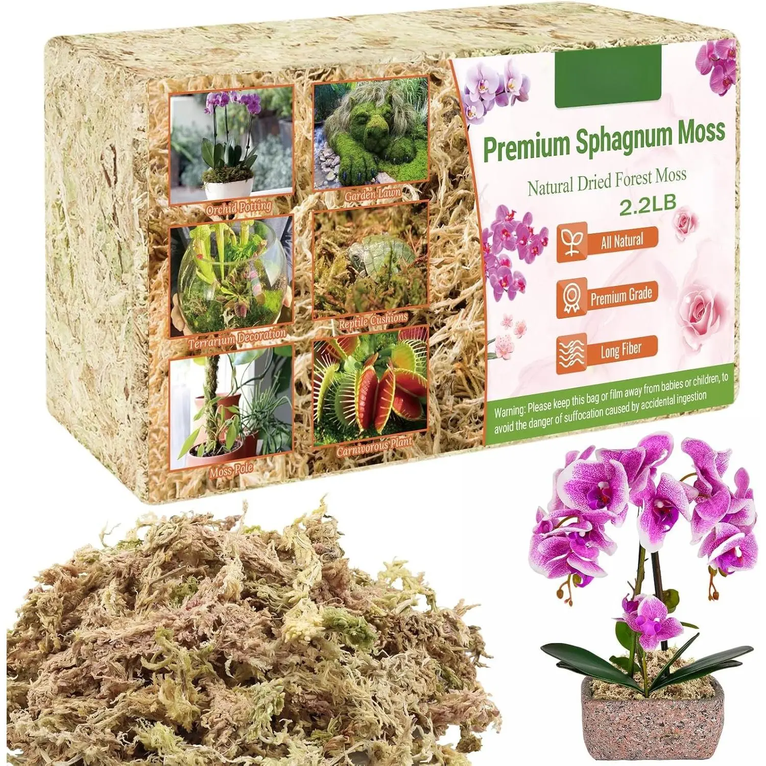 2.2 LB  Sphagnum Moss for - 40QT  Long Fibered Sphagnum Peat Moss for  Indoor, Succulent Orchid Potting Mix for Orchids Carnivorous, Succulent and Reptiles