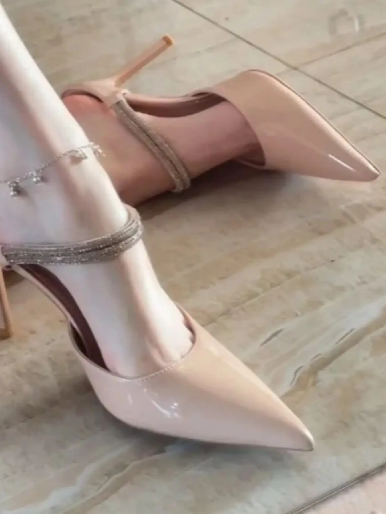 Women Pointed Toe Rhinestone Strap Backless Mule Heels, Slip On Glossy Patent Stiletto Mules, Nude Color