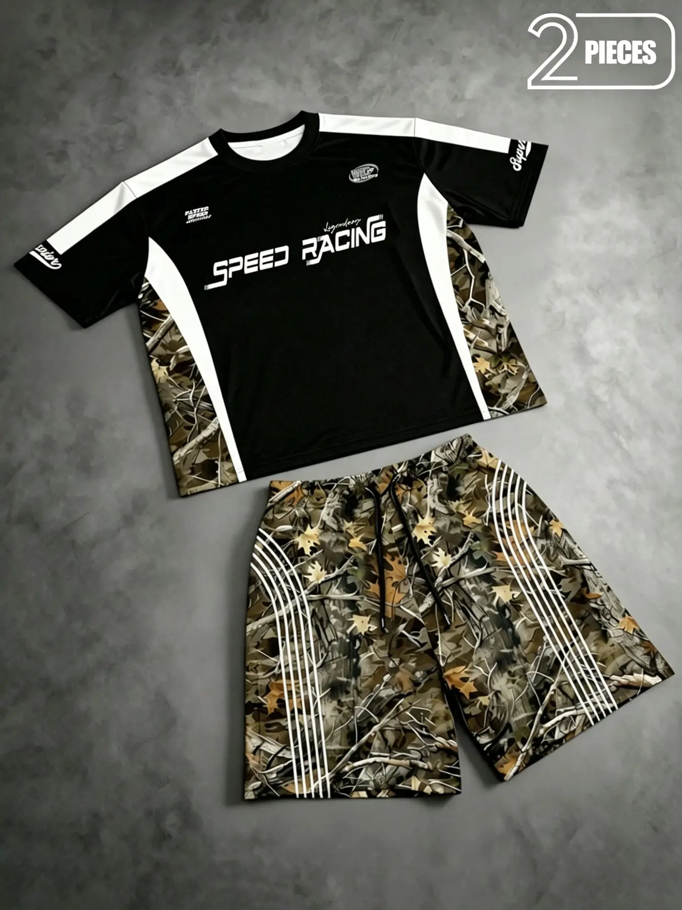 Men's Retro Race Style Camouflage Two-Piece Set, Speed Racing Letter Print, Urban Streetwear Casual Sports, Athletic Streetwear, Casual Sportswear Outfit