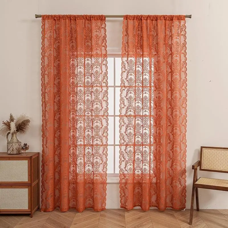 Romantic Vintage Lace Semi - Transparent Curtains, Pastoral Embroidered Floral Lantern Pattern, Rod Pocket Sheer Drapes, Easy Install Curtain for Living Room, Bedroom, Balcony, Office Window Decor, Home Decorative Curtain, Ready Made Curtains
