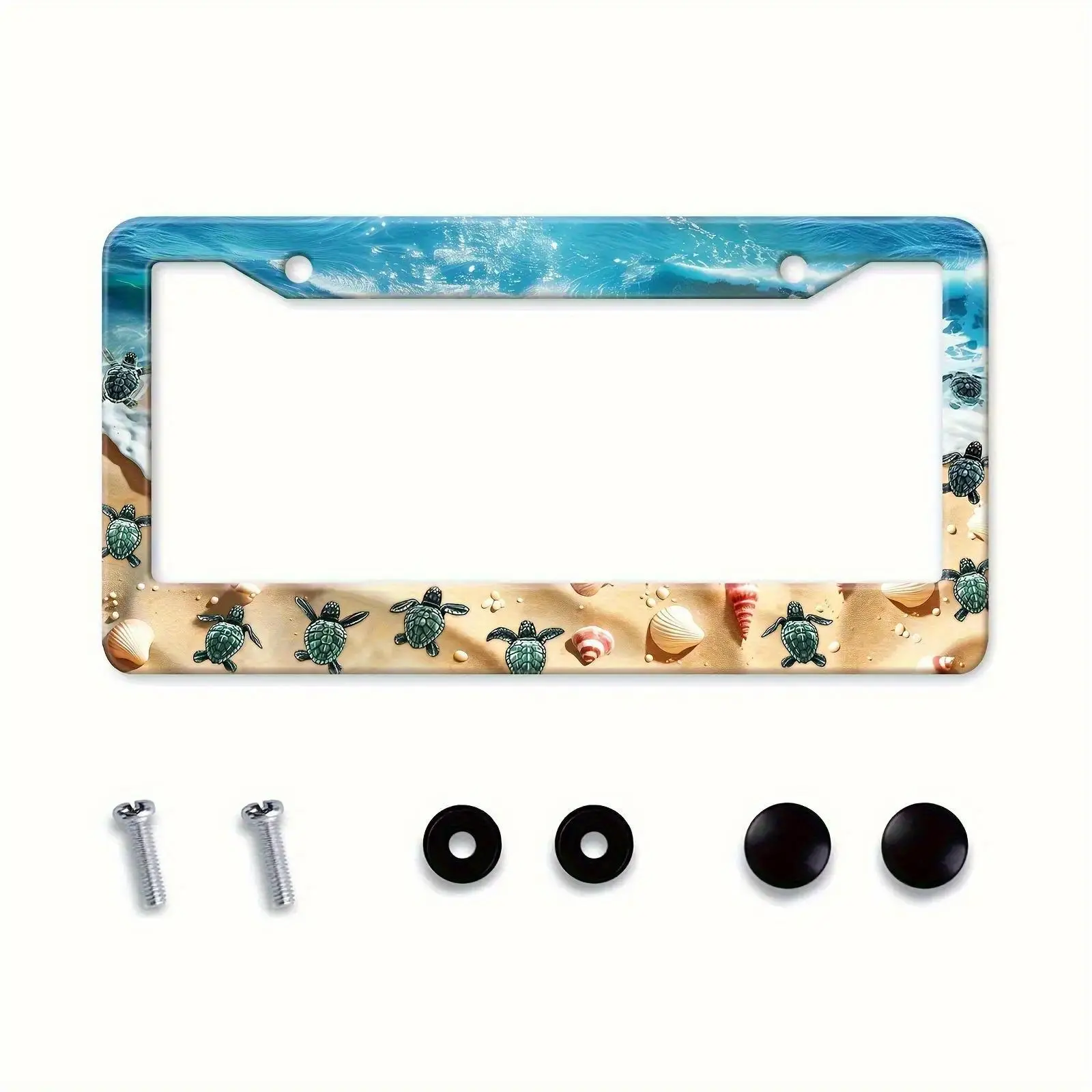 JIT 2D Flat Metal Cute Sea Turtle License Plate Frame Rust Proof Aluminum Car Accessory Fits Standard US And Canada Vehicles 2 Holes With Mounting Nuts Beach Themed Car Decoration For Men Women Vehicle Exterior Accessory