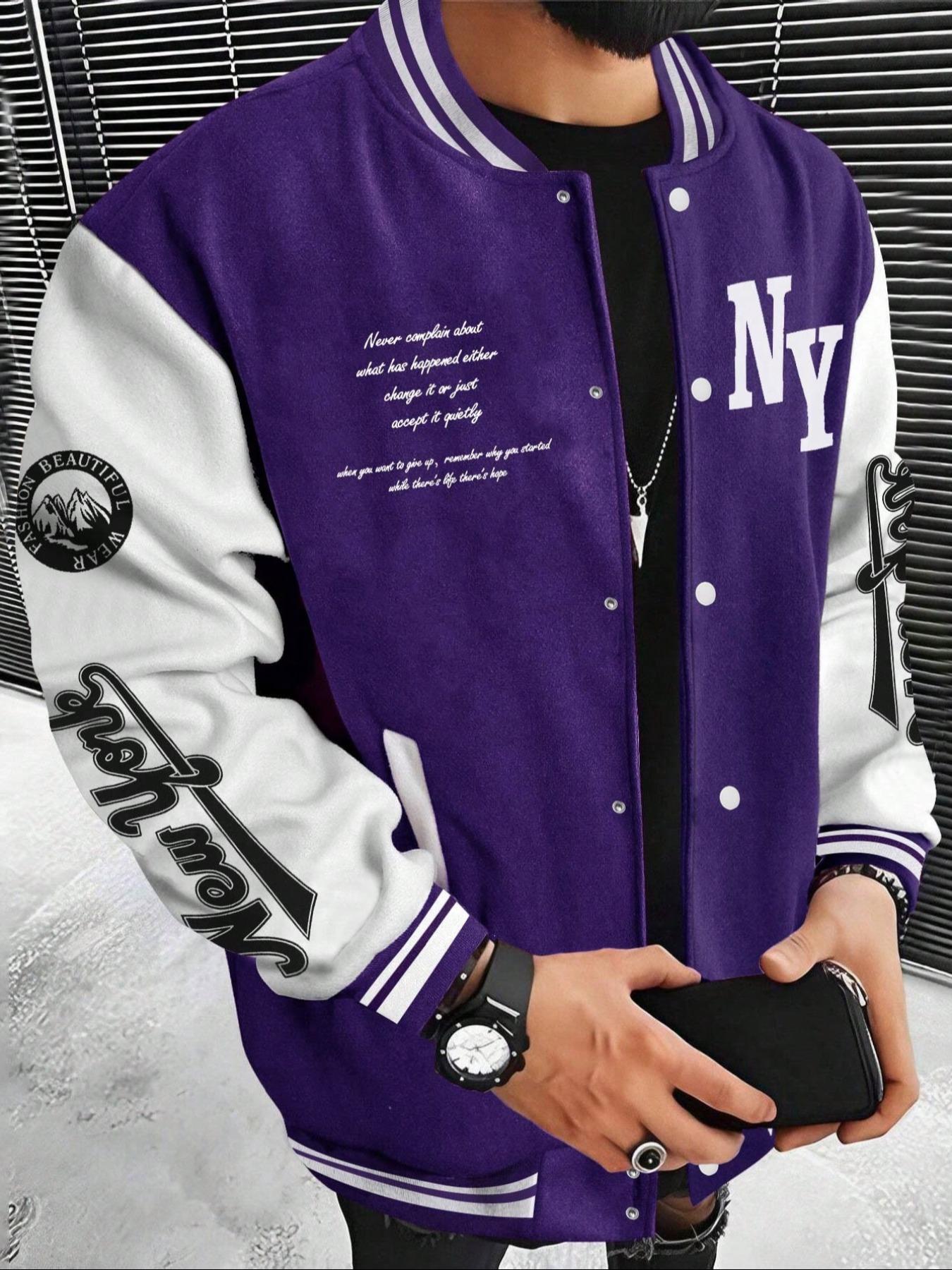 Men's Letter Print Baseball Collar Bomber Jacket, Loose Casual Sporty Long Sleeve Varsity Jacket for Fall & Winter, Men's Knit Outerwear for Daily Wear