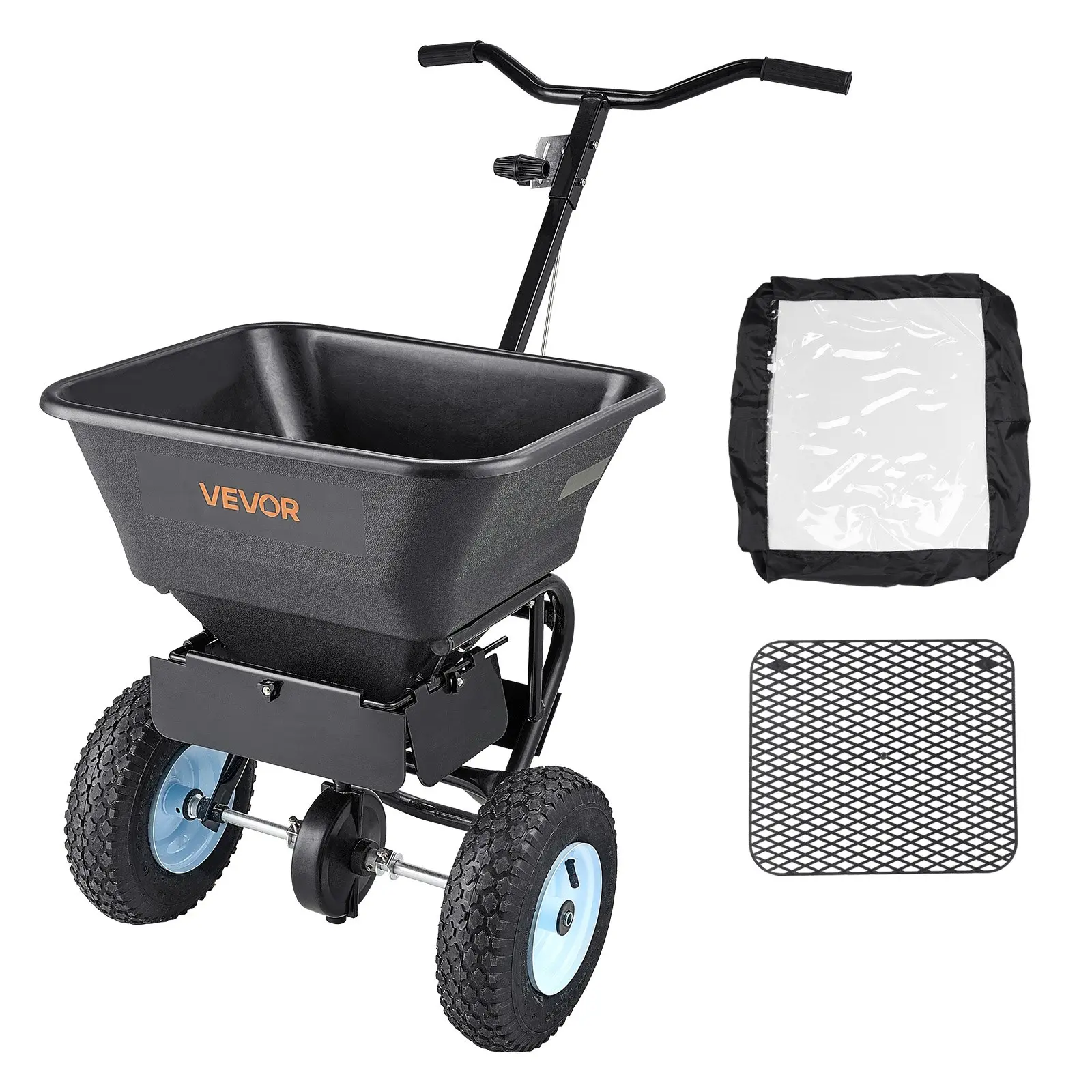 VEVOR Lawn Spreader, 100lb Load Capacity 56L Hopper, Q195 Steel Walk-Behind Push Spreader, 0-9.8ft Spreading Width, 13in All-Terrain Pneumatic Tires, 30-Scale Control System, Hopper Grate Included, for Seed Salt Ice Melt