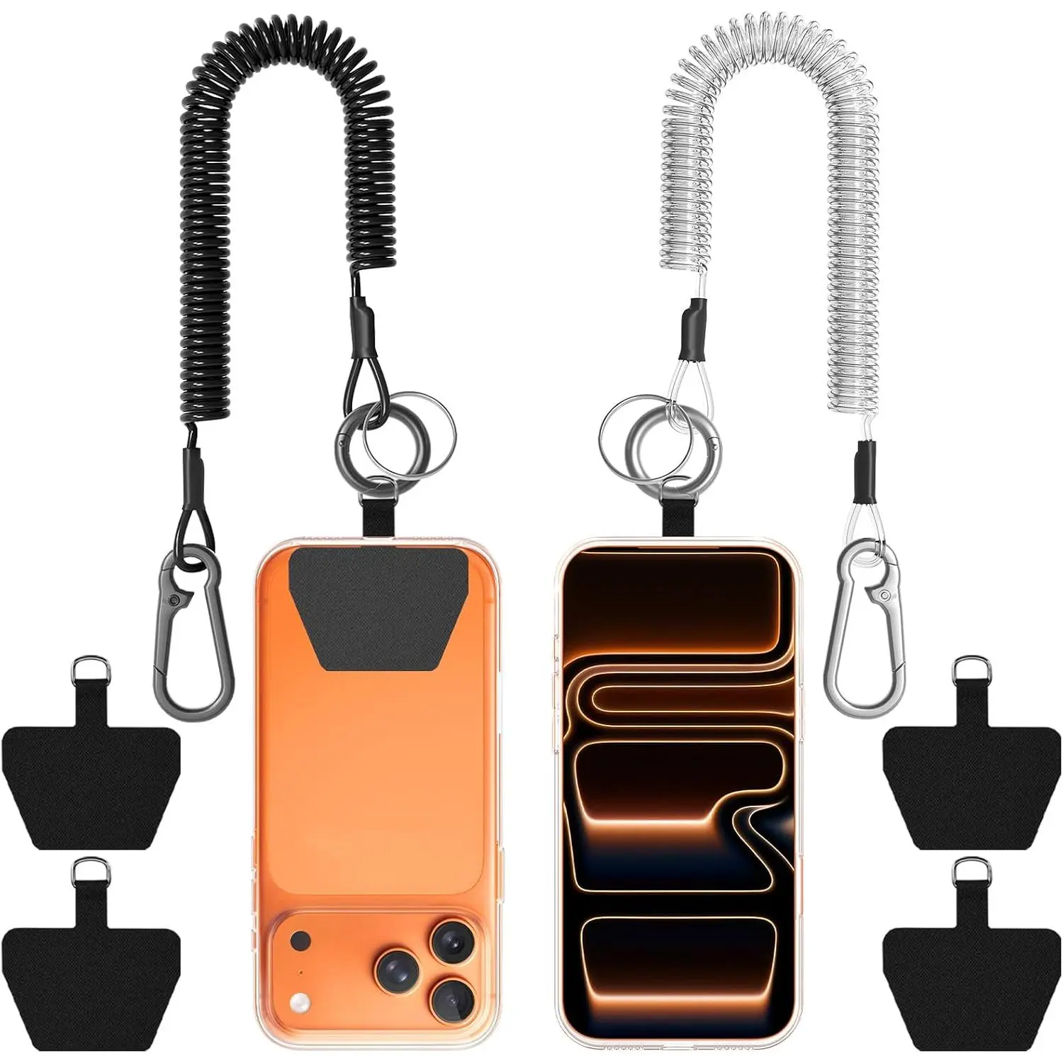 2 Pack Phone Tether Lanyard, Anti- & Anti-Drop Phone Strap | Spiral Retractable Safety Coiled Lanyard with Clip  Ring for Cycling Kayaking Fishing Climbing, Black & Transparent