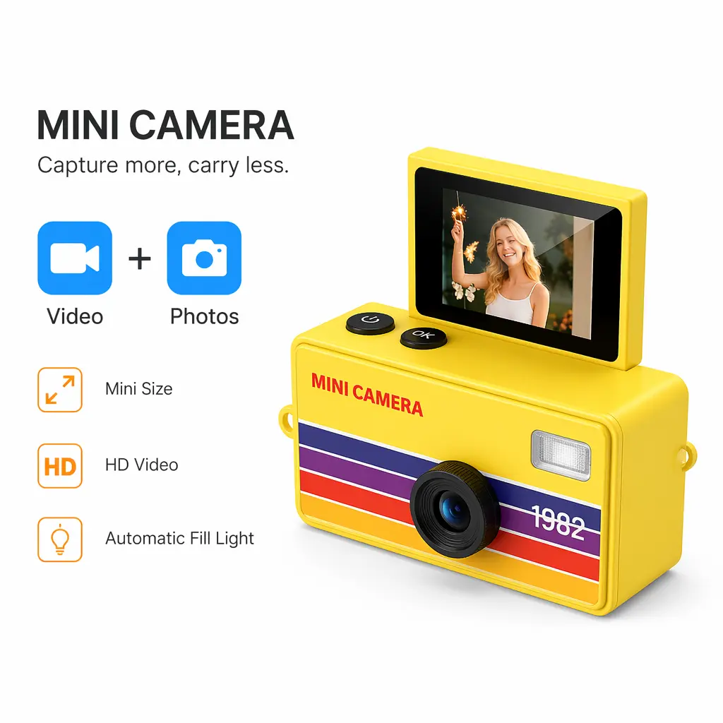 Mini Retro Digital Camera with 180° Flip Screen, HD Keychain Selfie Camera, Portable Small Camcorder with Memory Card Support compact