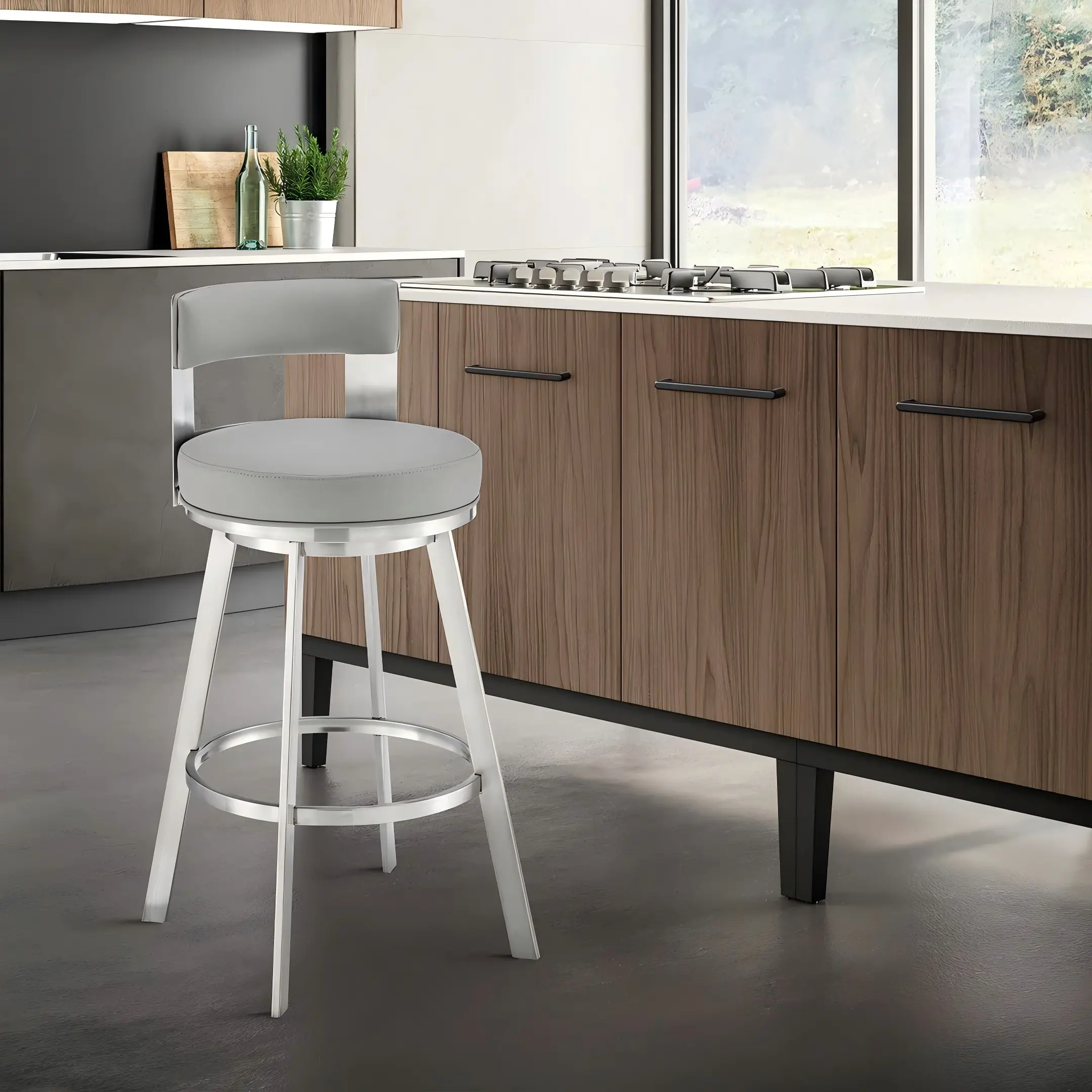 ARCH 26 Inch Swivel Counter Stool Brushed Stainless Steel Frame Light Gray Faux Leather Adjustable Height Bar Stool for Kitchen Island Home Bar Seating Modern Industrial Design, Home Furniture and Household Product Search Terms for US Online Shopping