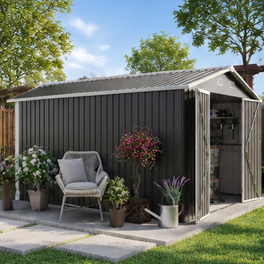 ARCH 10x14 FT Heavy Duty Steel Outdoor Storage Workshop - Modern Appearance Metal Gardening Utility Building with 3 Lockable Doors, 4 Air Vents, Sloped Roof, Solid Hinges, Dark Gray for Backyard Patio