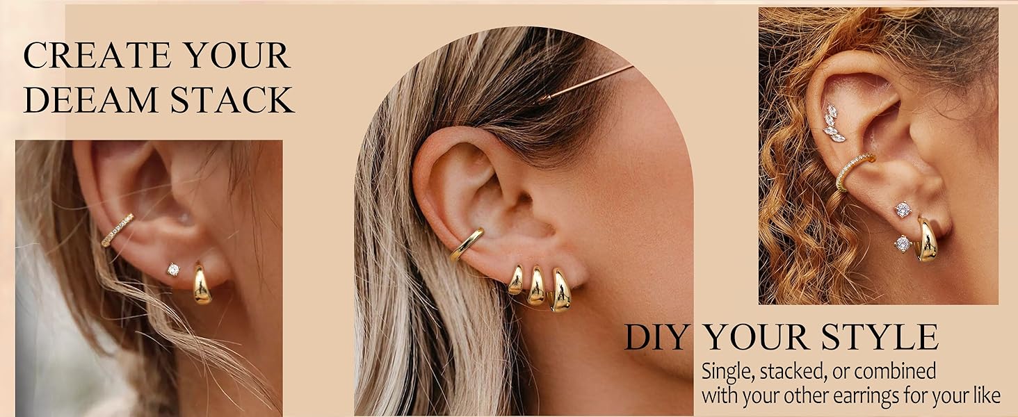 Trendy  3Pairs Gold Hoop Earrings Set for Women Chunky Gold Silver Hoop Earrings 14K Gold Filled Hypoallergenic Small Huggie Hoop Earrings Tiny Gold Trendy Thick Hoop Earrings Stacks for Multiple Piercing
