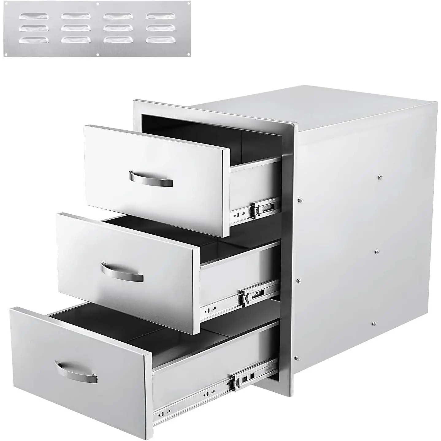 Gaomon 3 Drawer Outdoor Kitchen Cabinet, 14 in w x 23 in d x 21 in h, 304 Stainless Steel Flush Mount BBQ Island Drawer with Ventilation Panel, for Patio, Grill Station, Silver