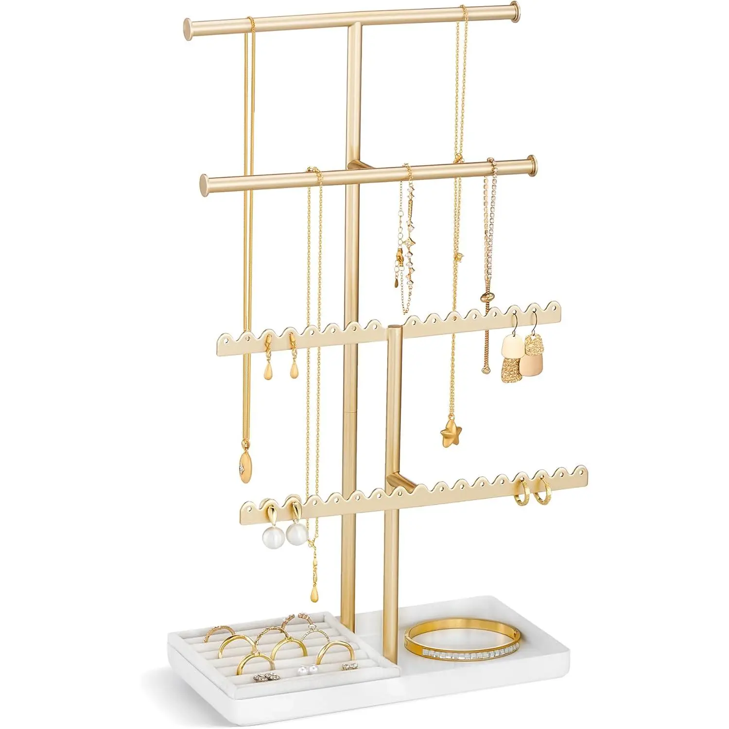 4-Tier Jewelry Organizer Stand, Metal Jewellery Holder, Dresser Display Rack for Necklace Earring Bracelets Rings, Gift for Women Girls -Gold