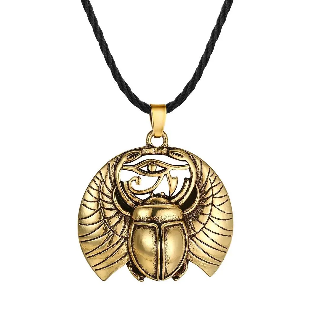 Crystal Accented Egyptian Scarab Necklace - Eye of Horus Wadjet Ancient Amulet Protection Symbol Pendant, Fashion Costume Jewelry Gift for Friends, Crystal Accented Necklaces, Sculpted Eye Pendant Necklaces, Chain Jewelry Necklaces