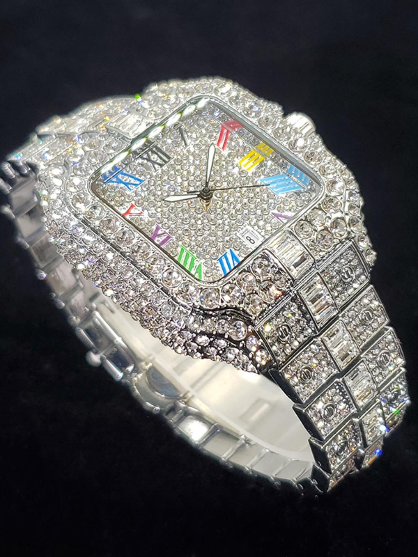 Men's Rhinestone Decorated Square Quartz Watch, Rhinestone Embellished Watch, for Men As Gift with Box, Square Dial, Stainless Steel Wristwatch Men's Rhinestone Decorated Square Quartz Watch, Rhinestone Embellished Watch, for Men As Gift with Box, Square Dial, Stainless Steel Wristwatch