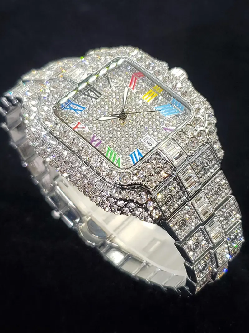 Men's Rhinestone Decorated Square Quartz Watch, Rhinestone Embellished Watch, for Men As Gift with Box, Square Dial, Stainless Steel Wristwatch, Rhinestone Watches Men's Rhinestone Decorated Square Quartz Watch, Rhinestone Embellished Watch, for Men As Gift with Box, Square Dial, Stainless Steel Wristwatch, Rhinestone Watches