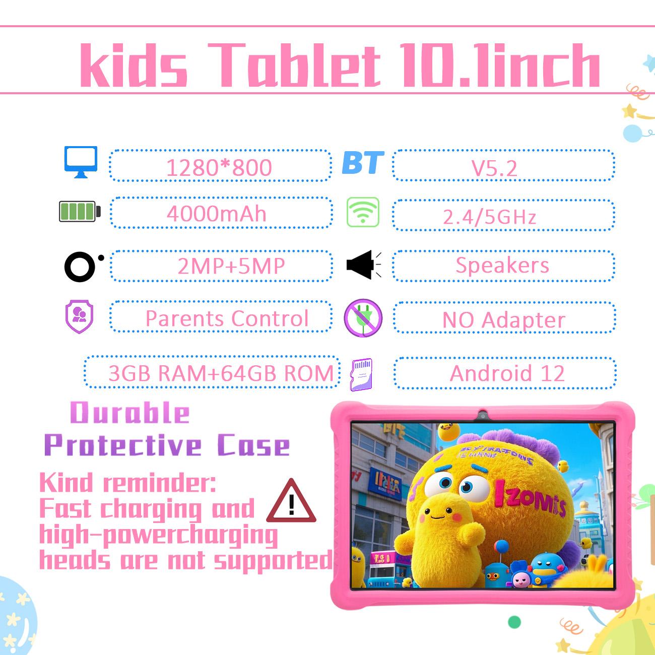 10.1 Inch Android Tablet, Parental Control Tablet with Shockproof Case, Dual Camera Tablet for Learning & Entertainment