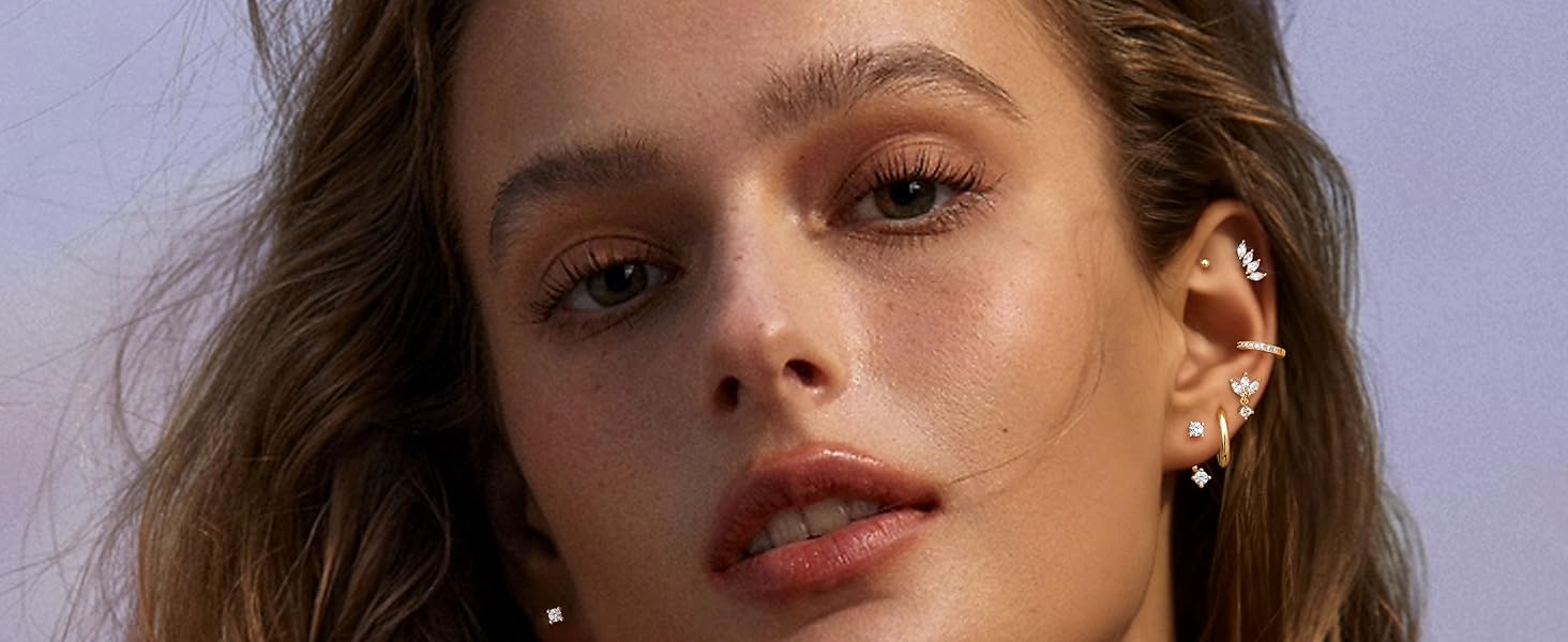 Trendy 16G/18G/20G Flat Back Earrings for Women Threadless Surgical Steel Stud Hoop Earrings Push in Nose Studs Hypoallergenic CZ Cartilage Earring Set Labret Helix Tragus Conch Piercing Jewelry