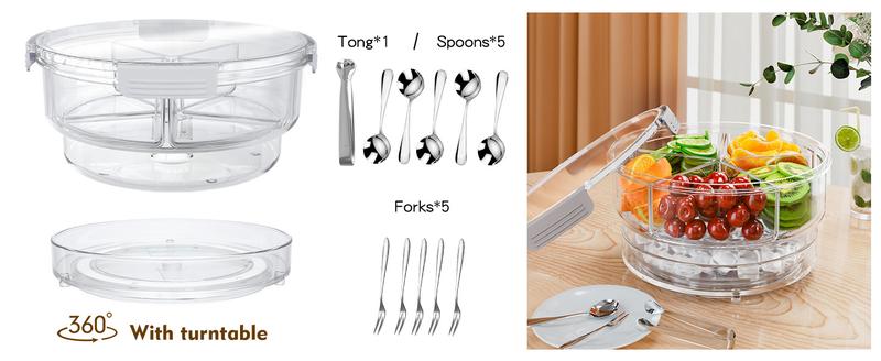 Condiment Tray【with 360° rotating turntable】 with Stainless Steel 5 Spoons, 5 Forks and 1 Clip, Condiment Server, Bar Garnish Holder on ice, Compartment Tray with Lid