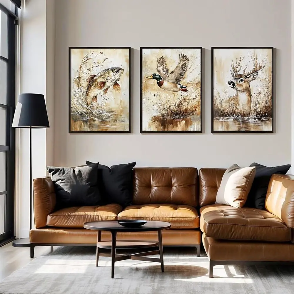 3 Pieces Cute Wildlife Deer Wild Duck Fish Jungle Angel, Canvas Wall Mural, Wall Art Set, Warm Childlike Home Art, Kids Gallery Decor, Soft Tone Painting, Wall Decor for Living Room and Kids Room, Framed or Unframed.