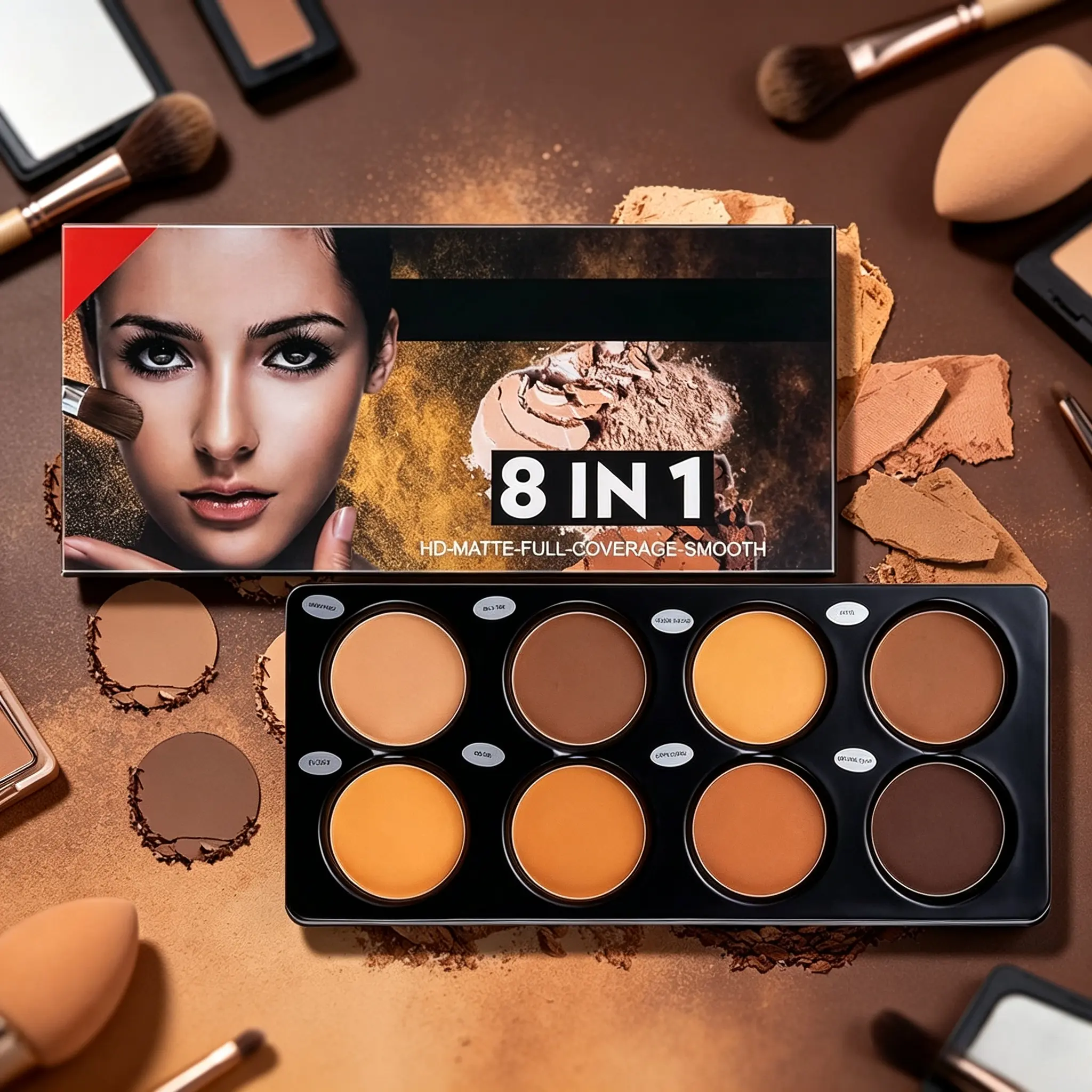 8-shade full matte multi-contour powder palette with warm & cool gradient tones. Fine non-fallout powder for shadow, highlight, concealer, nose & cheek sculpting. Beginner-friendly compact palette for daily home makeup and on-the-go touch-ups.