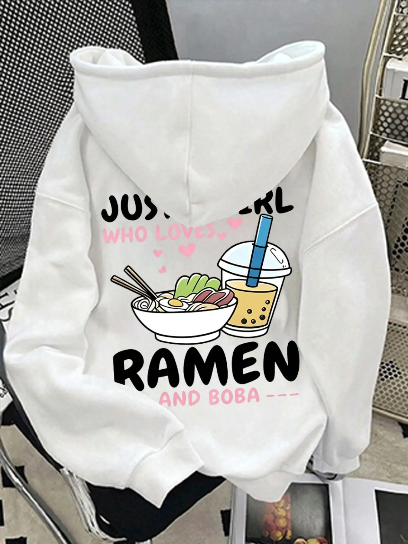 Japanese Food Cartoon Print Hoodie, Ramen Milk Tea English Pattern, Casual Loose Fit, Fall & Winter Sweatshirt, Back to School Style