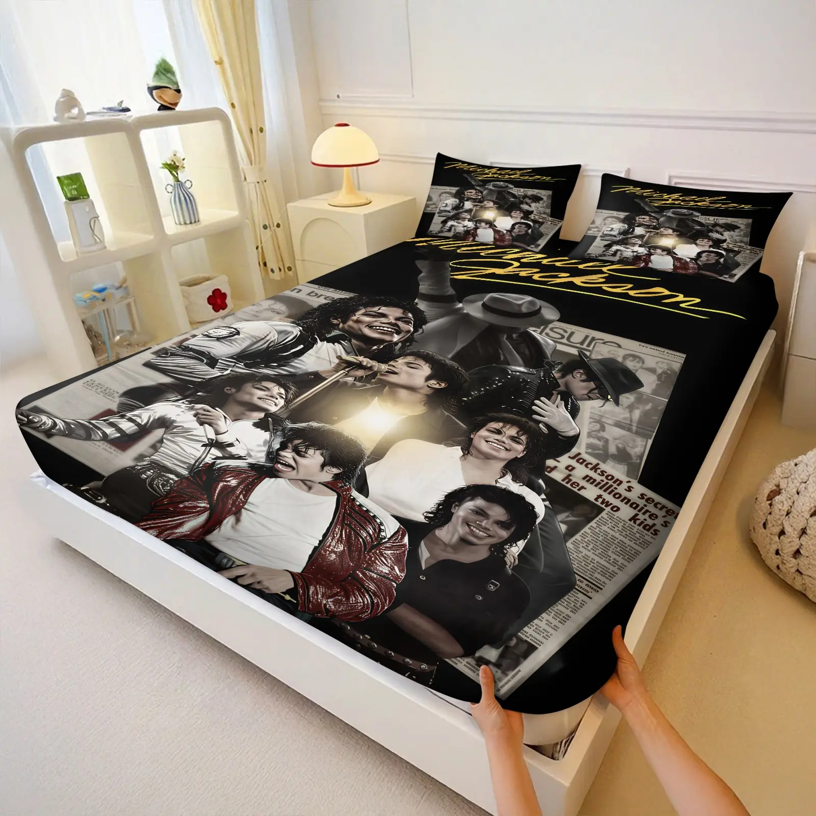 3pcs Michael Jackson Vintage Poster Fitted Sheet Set, Polyester Bedding, Deep Pocket Stretch Elastic Fabric, Anti-Slip Design, Washable Mattress Protector Cover