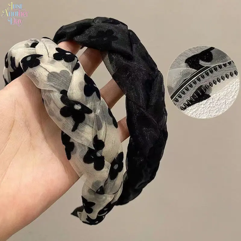 2Pcs Retro French Floral Mesh Braided Headbands For Women Summer Anti Slip Serrated Teeth Hair Hoop No Slip When Bowing Down Wide Press Hairband Elegant All-match Daily Outdoor Vintage Fashion Hair Accessories Set