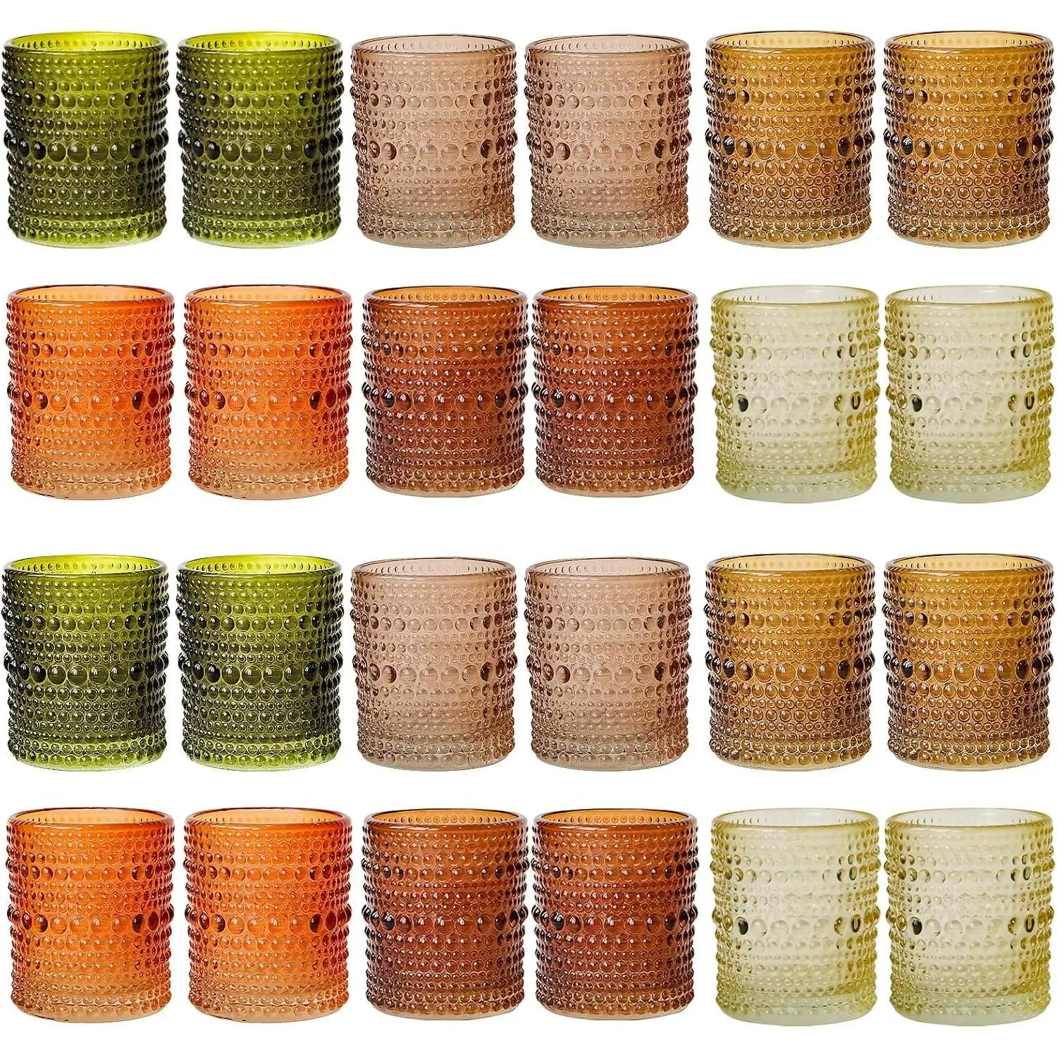 Brown Green Glass Tealight Candle Holders Set of 24 - Hobnail Vintage Votive Holders for Fall, Winter Wedding, Christmas Table Centerpiece Decor