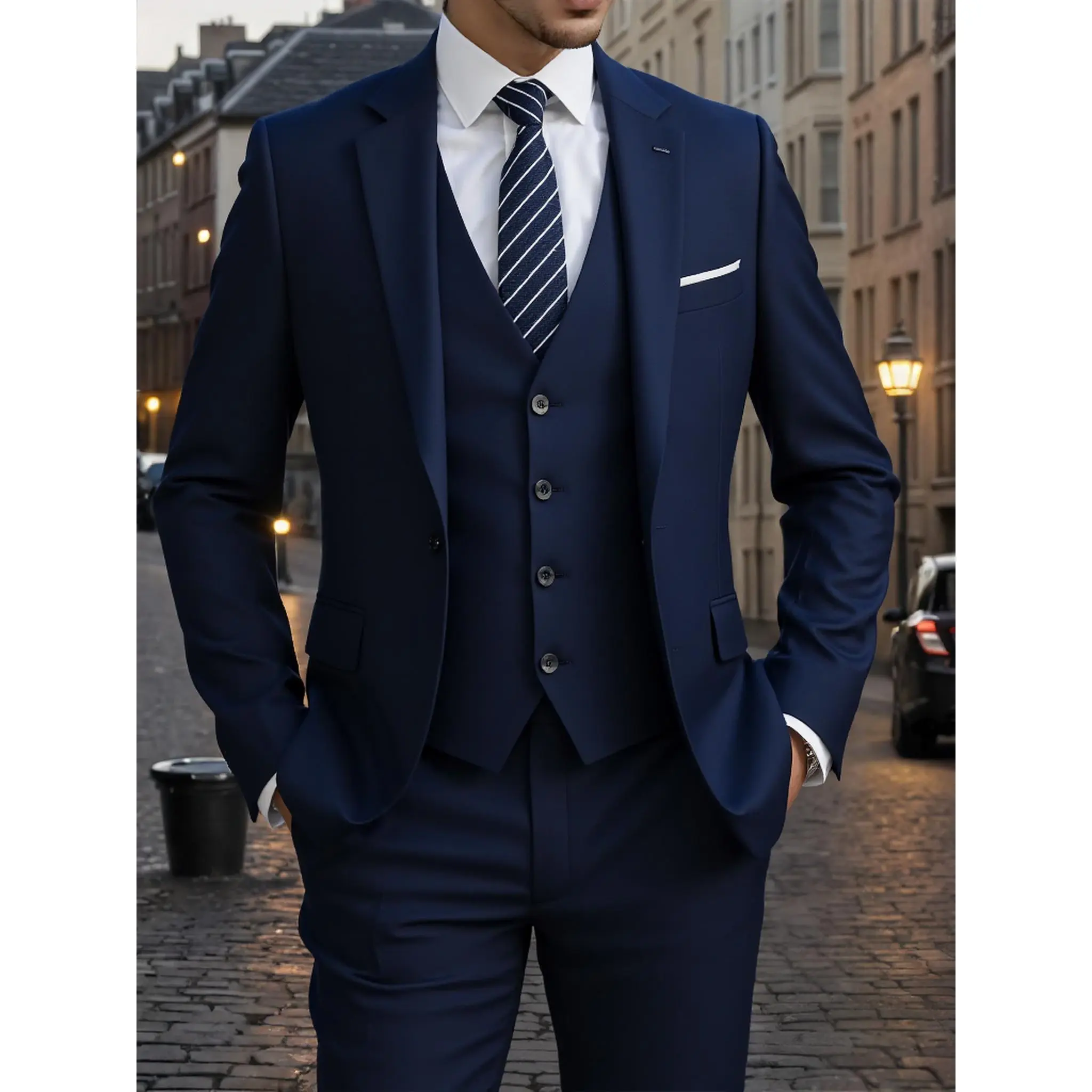 Mens 3-Piece Wrinkle-Resistant Premium Executive Suit Set - Long Sleeve Smooth Lapel Blazer, Vest, Pants - Navy & Camel - for Graduation, Casual Events, Holiday Banquets (Menswear), Slim Fit, Office, Classic, Elegant, Trouser, Soft, Drape