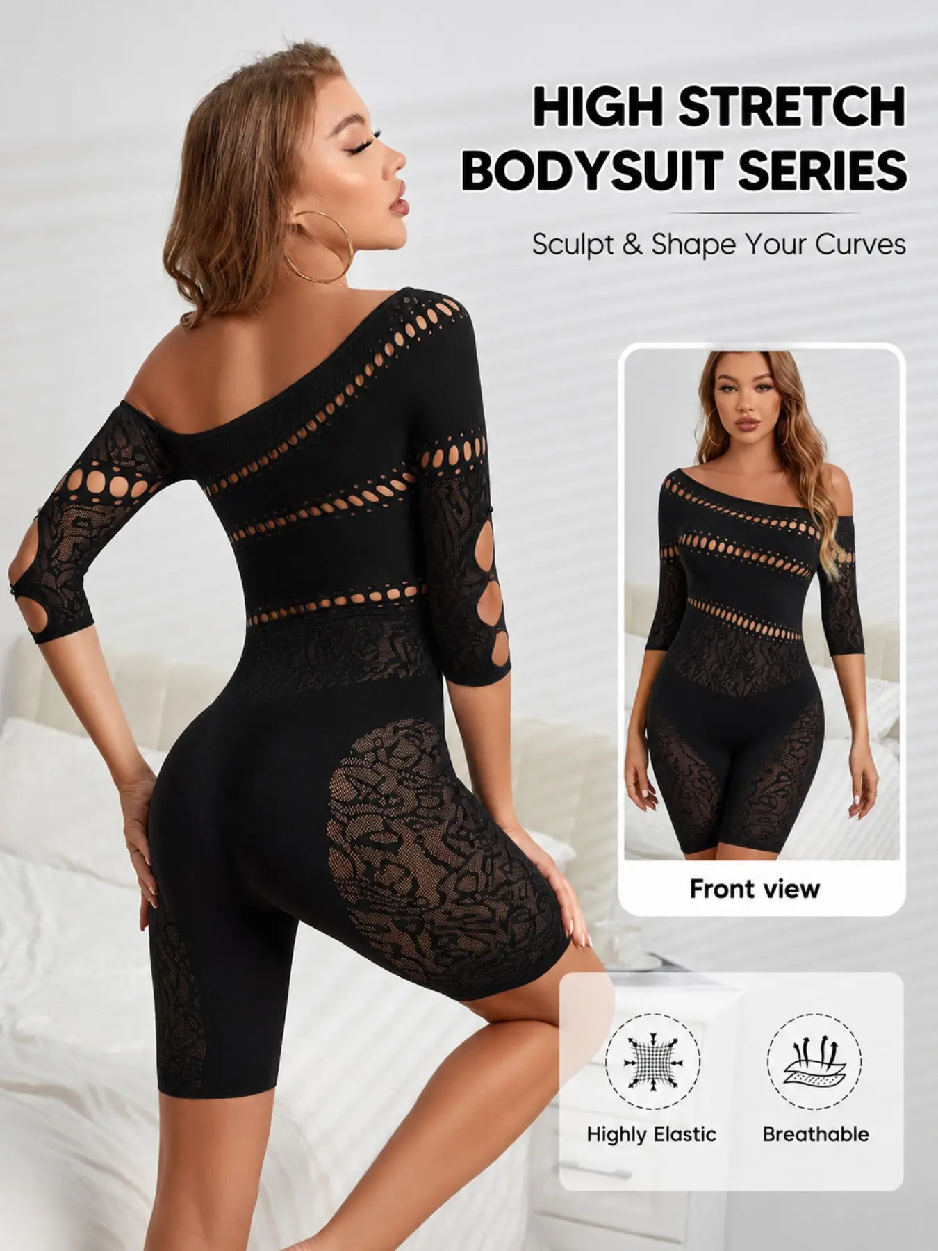 Women's Off Shoulder 3/4 Sleeve Seamless Jumpsuit, Lace Sheer Cutout Hollow Out Bodycon Short Romper Playsuit, Slim Fit See Through Mesh Club Party Night Out Bodysuit Lingerie