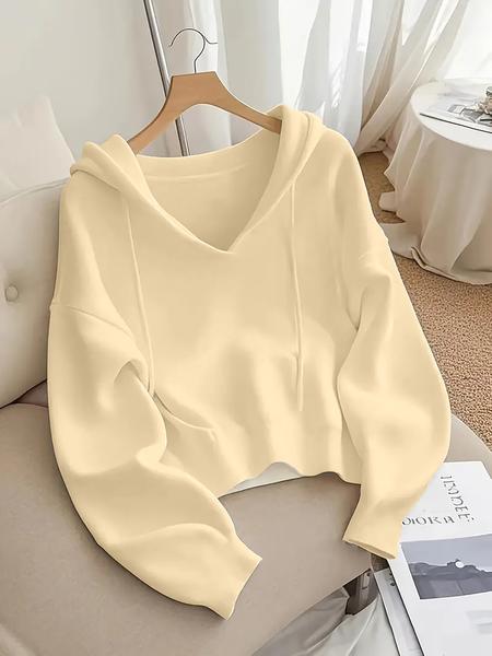 Women's V-Neck Drawstring Hoodie, Loose Fit Soft Knit Pullover, Casual Unique Design Long Sleeve Sweatshirt for Early Autumn
