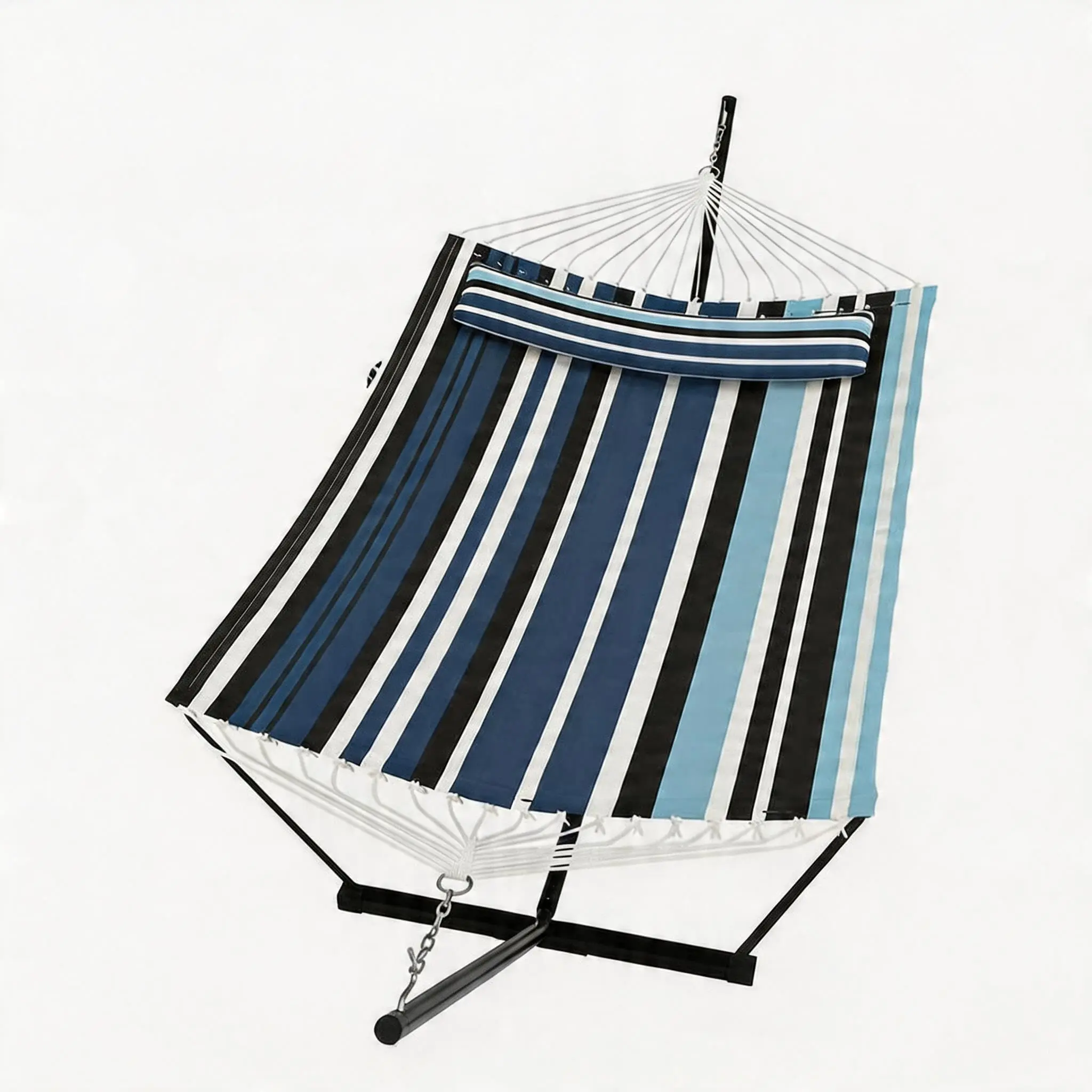 Double Hammock for 2 People with Stand and Cushions – 450 kg Capacity – Balance Rope – Perfect for Garden, Terrace, Poolside, Camping – Light and Dark Blue Stripes