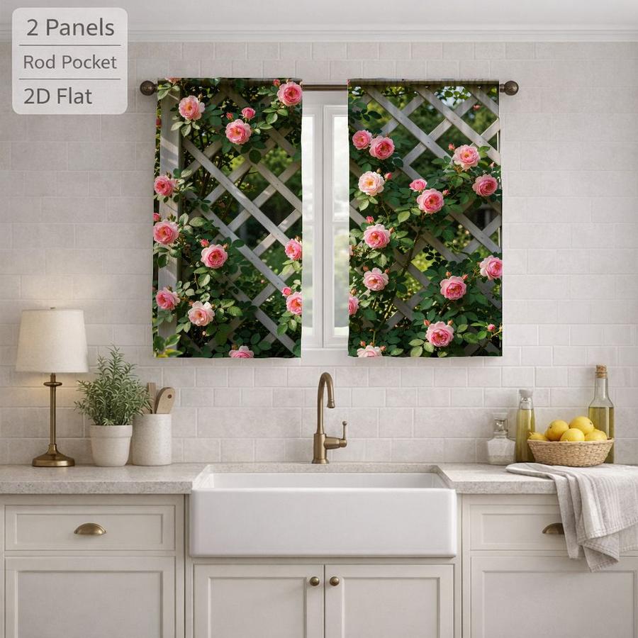 2Pcs Aesthetic Cottagecore Pink Rose Garden Trellis Sun Blocking Curtains Digital Printed Rod Pocket, Window Treatment For Bedroom Office Kitchen Living Room Study Home Decor