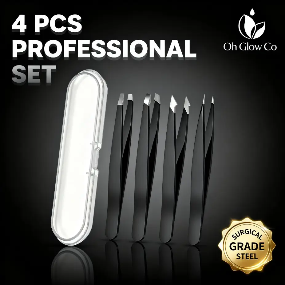 4Pcs Precision Stainless Steel Tweezers Set Professional Sharp Tip Tweezers for Eyebrow Shaping Ingrown Hair Removal Facial Hair Beard Trimming Beauty Grooming Cosmetic Tools for Women Men Makeup