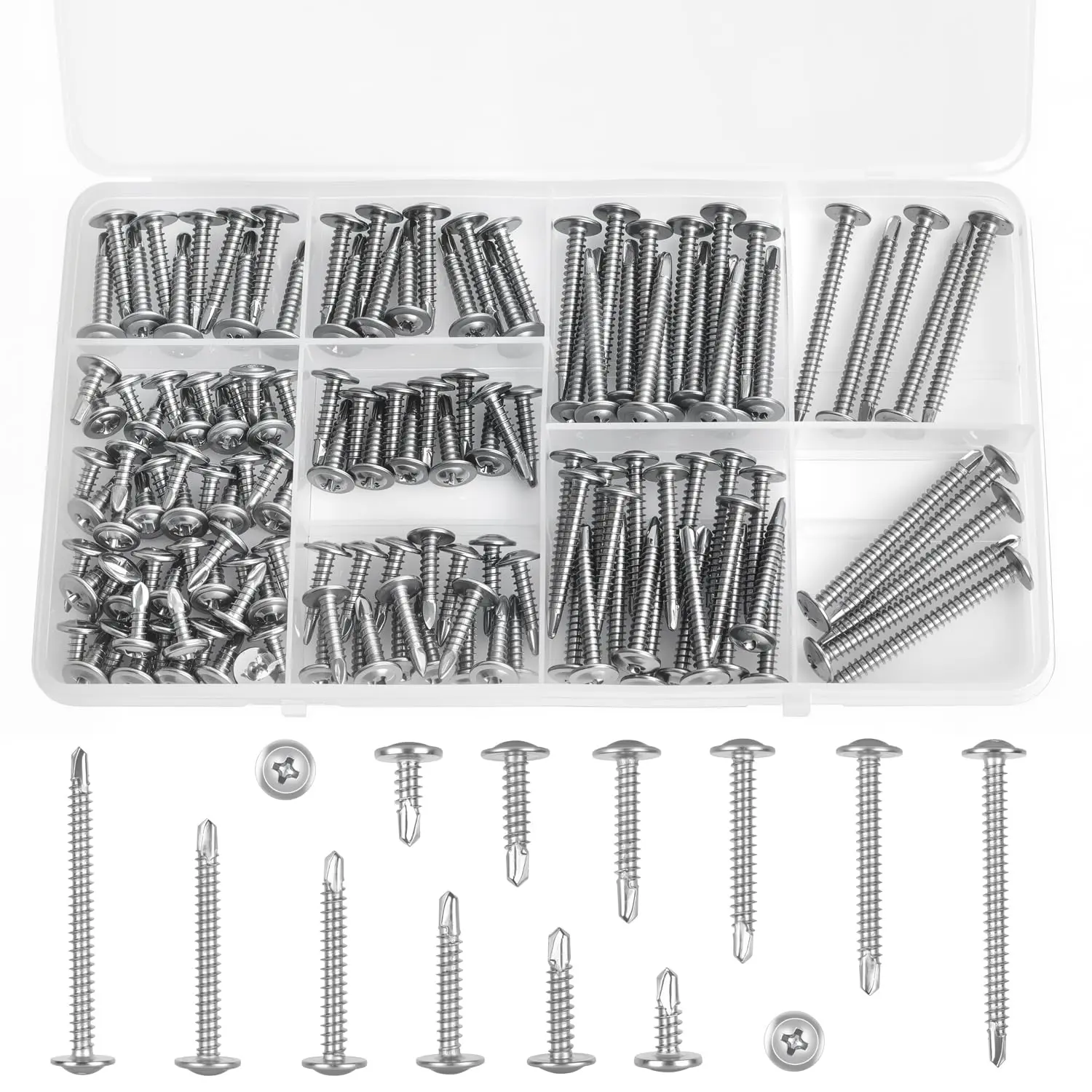 145 count #8 Self Tapping Screws for Metal - 410 Stainless Steel Sheet Metal Screws Kit (6 Sizes: 1/2" to 2"),  Truss , Rust-Resistant