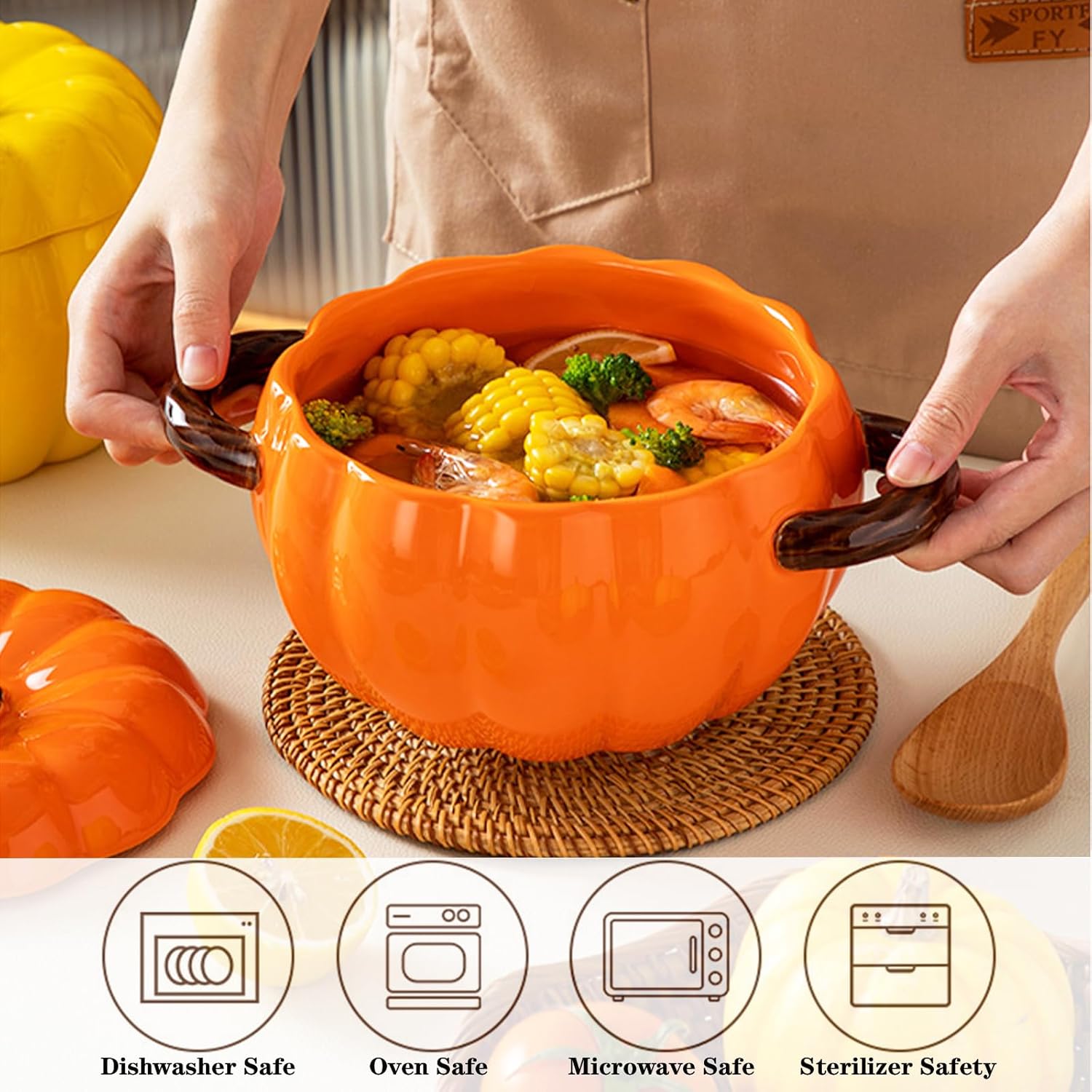Pumpkin Ceramic Pot, Stew Pot, Pumpkin-shaped casserole is very suitable for baking, dessert and side dishes, and can also hold all kinds of snacks and sweets. It is an ideal gift for family and friends on Halloween, Christmas, Thanksgiving and New Year.