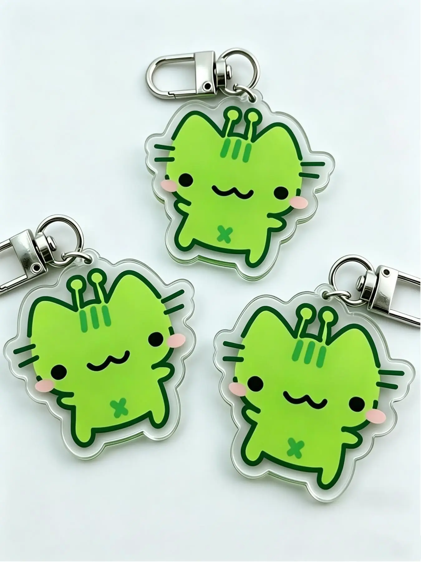 3pcs 2D Flat Cute Green Alien Cat Keychain Charms, Suitable For Backpacks, Bags, Car Key Pendants, Daily Use, Cute Keychains For Car Keys, Couple Gifts, Party Supplies, Holiday Gifts For Friends And Family