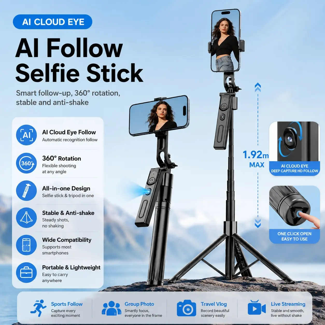 AI Face Tracking Selfie Stick Tripod, 360 Degree Auto Face Tracker with Bluetooth Remote, Anti Shake Phone Stand, 360 Degree Rotating Smartphone Tripod for iPhone and Android, Ideal for Vlogging and Live Streaming