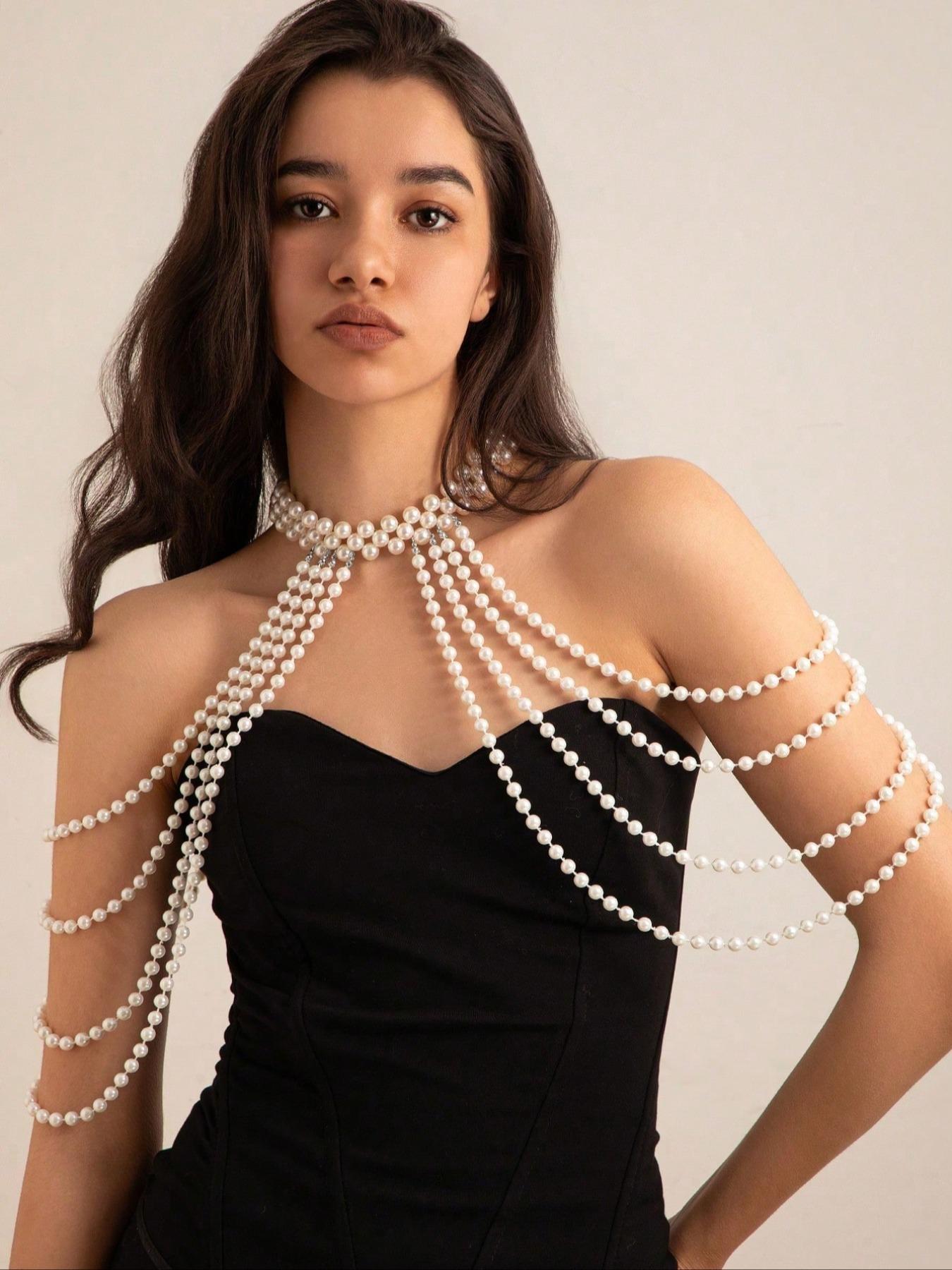 Elegant Faux Pearl Decorated Body Chain, Vintage Body Jewelry, Valentine's Gifts for Her, Women's Exquisite Trendy Beaded Necklace Body Jewelry for Party, Daily Clothing Decor, Birthday Gift