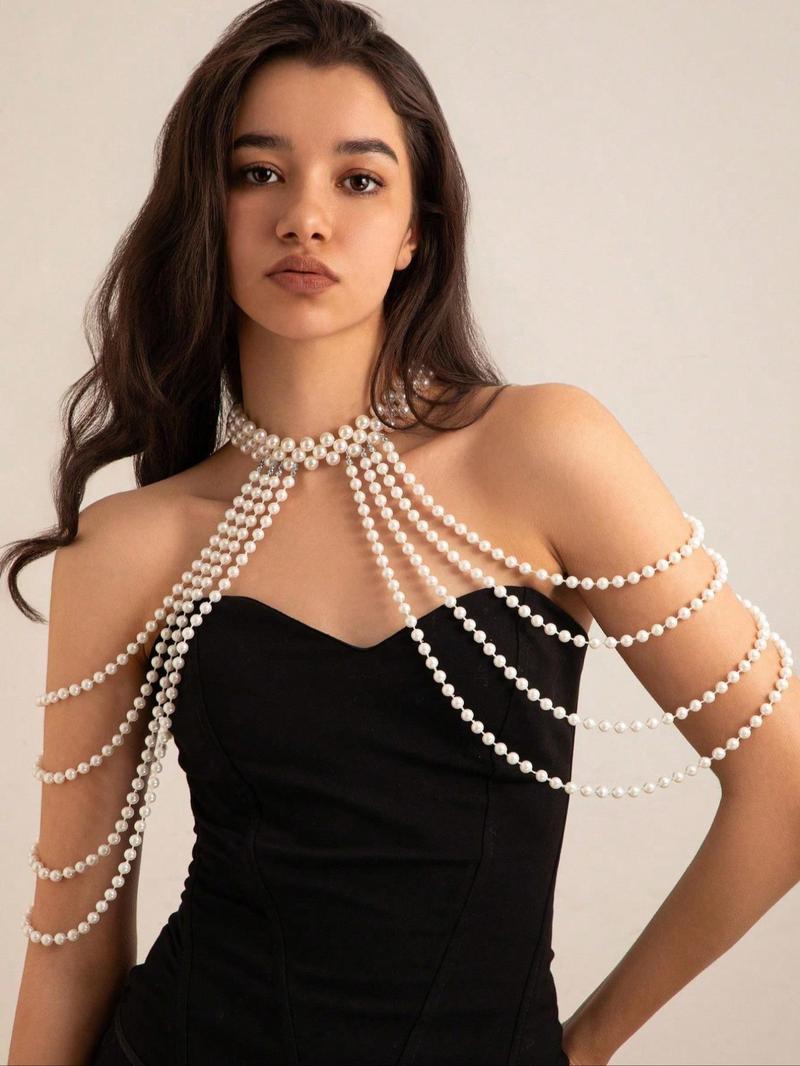 Elegant Faux Pearl Decorated Body Chain, Vintage Body Jewelry, Valentine's Gifts for Her, Women's Exquisite Trendy Beaded Necklace Body Jewelry for Party, Daily Clothing Decor, Birthday Gift