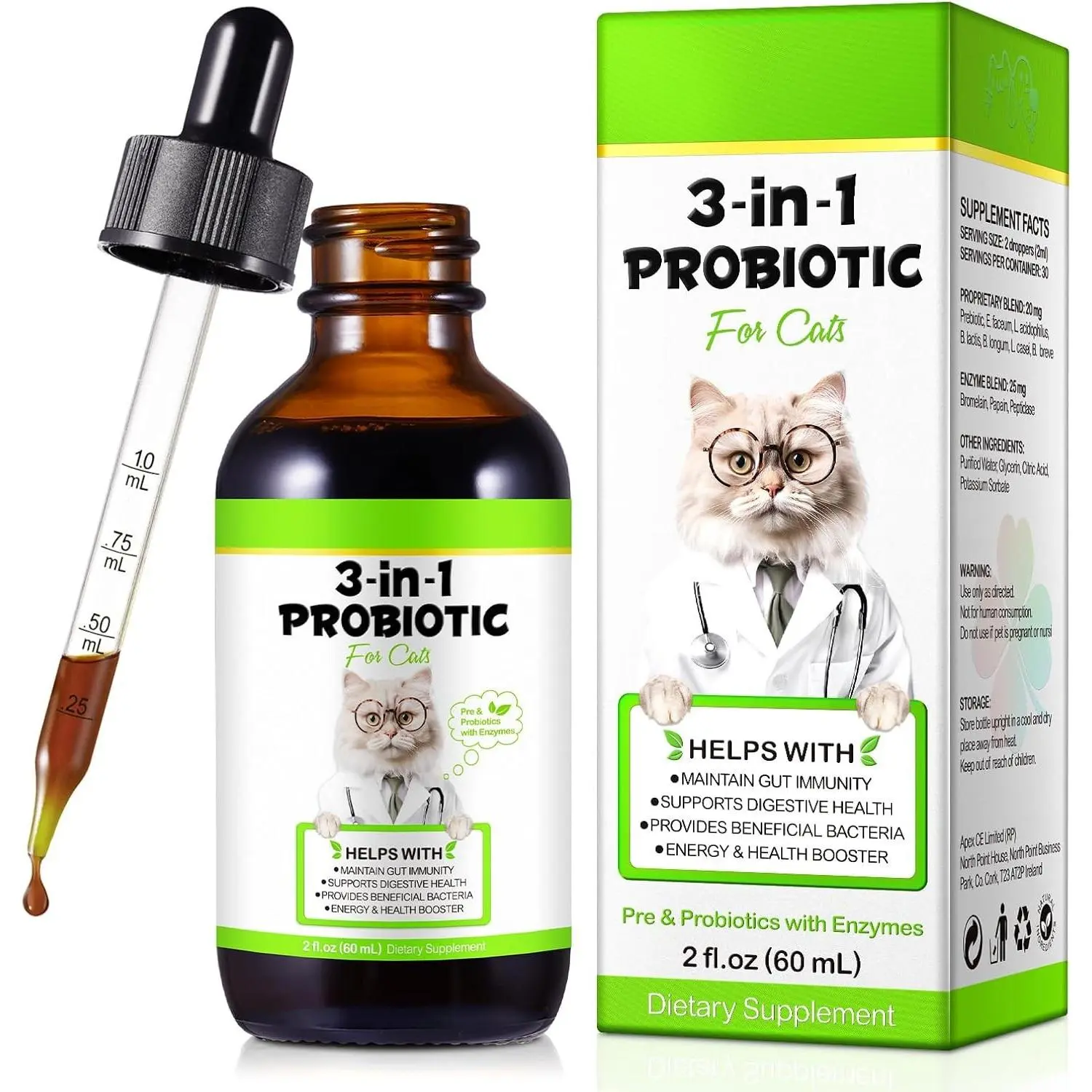3 in 1 Probiotic Drops for Cats, Cat Probiotic Supplement with Prebiotic & Enzymes, Helps Digestive Support and Improves Gut Health for Cats