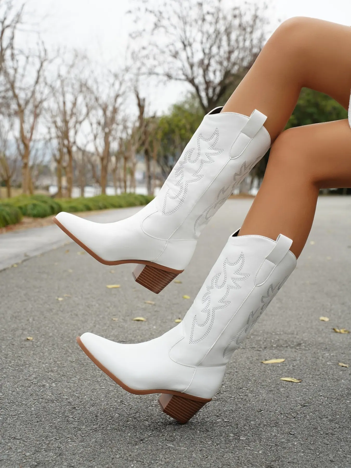 Women's Mid-Calf Western Boots, PU Leather, Rubber Sole, Embroidered Design, Pointed Toe, All Seasons, Vintage Style, Versatile Long Boots