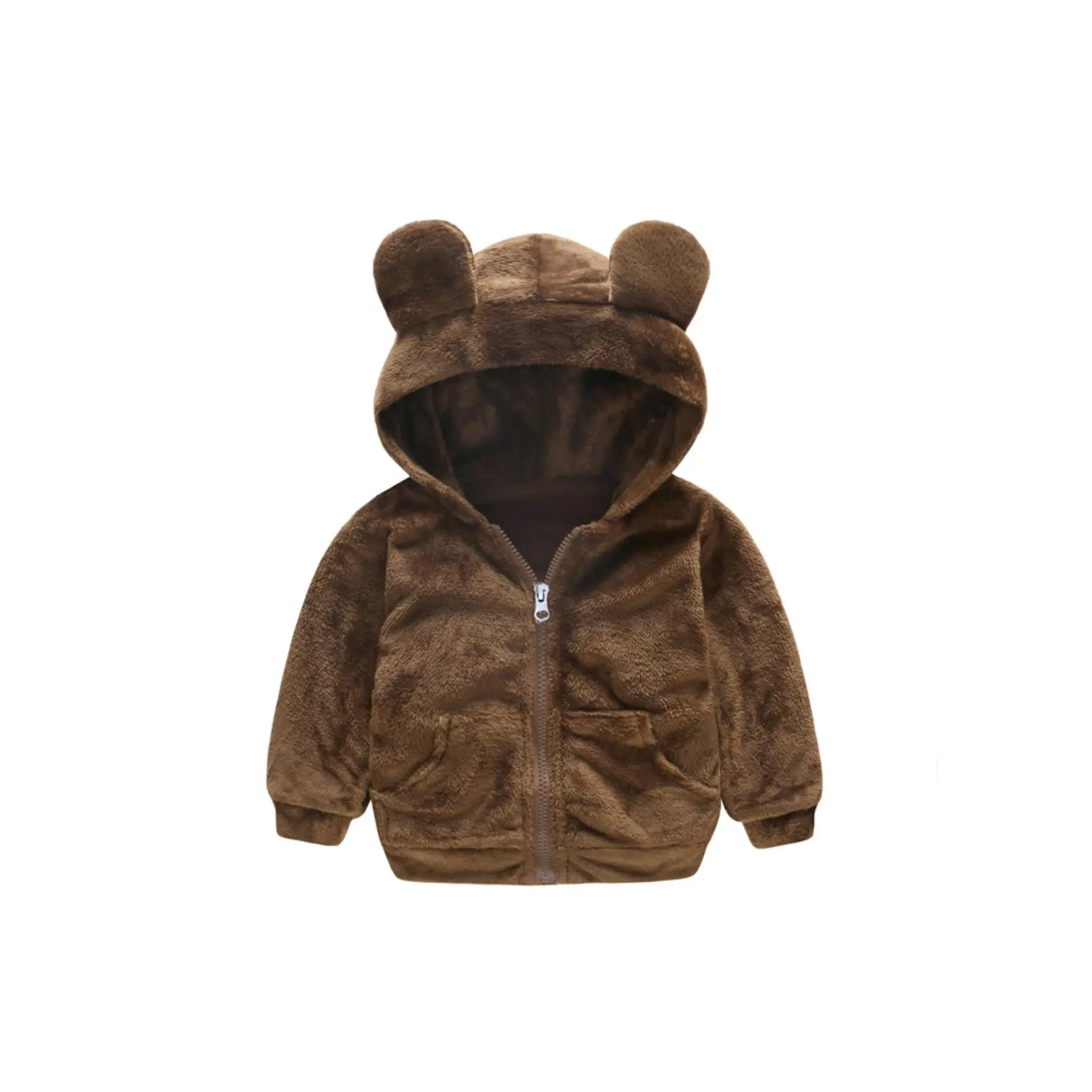 Toddlers Cute 3D Bear Ear Hooded Fleece Jacket, Brown Fluffy Zip-Up Plush Coat, Warm Animal Style Outerwear For Little Kids, Comfort Skin-Friendly Fabric, Ideal For Daily Wear, Family Outings And Children Cold Weather Outdoor Leisure Activities