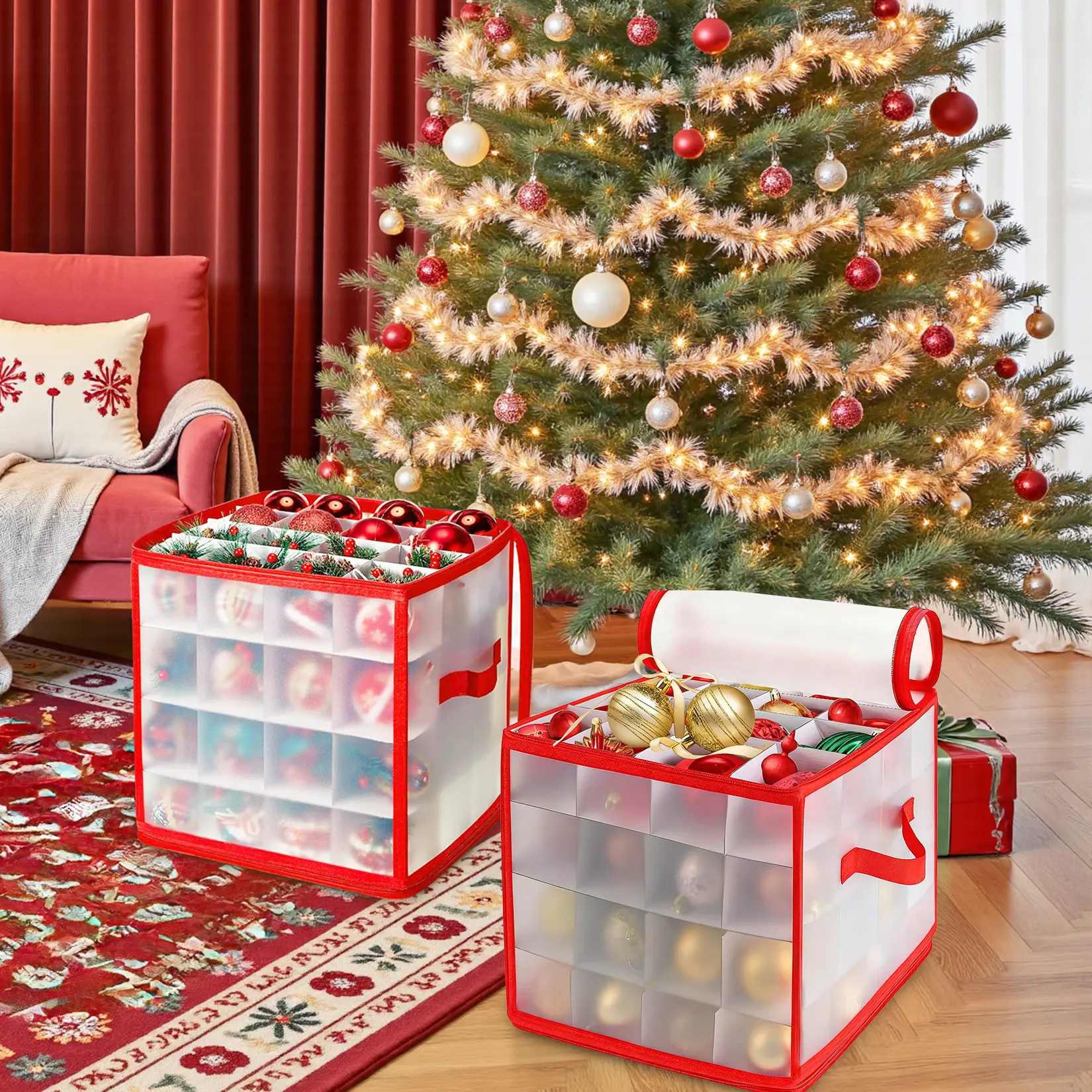 2-Pack Portable Christmas Ornament Storage Boxes, Christmas Storage Container, Stores Upto 128 Christmas Balls with Side Handle, Portable Storage Box for Christmas Tree Ornaments