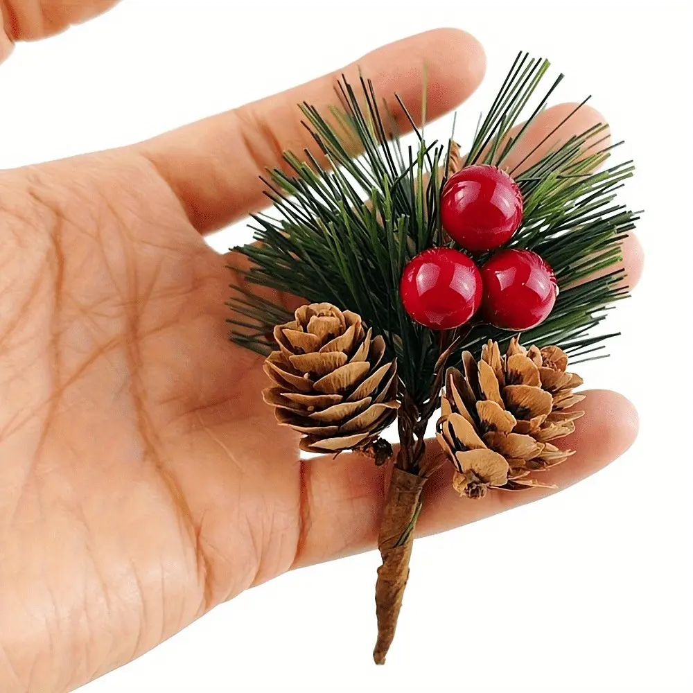 24pcs Artificial Pine Branches with Berries and Plastic Cones, American Style Decorative Pine Needles, Perfect for Holiday Decorations