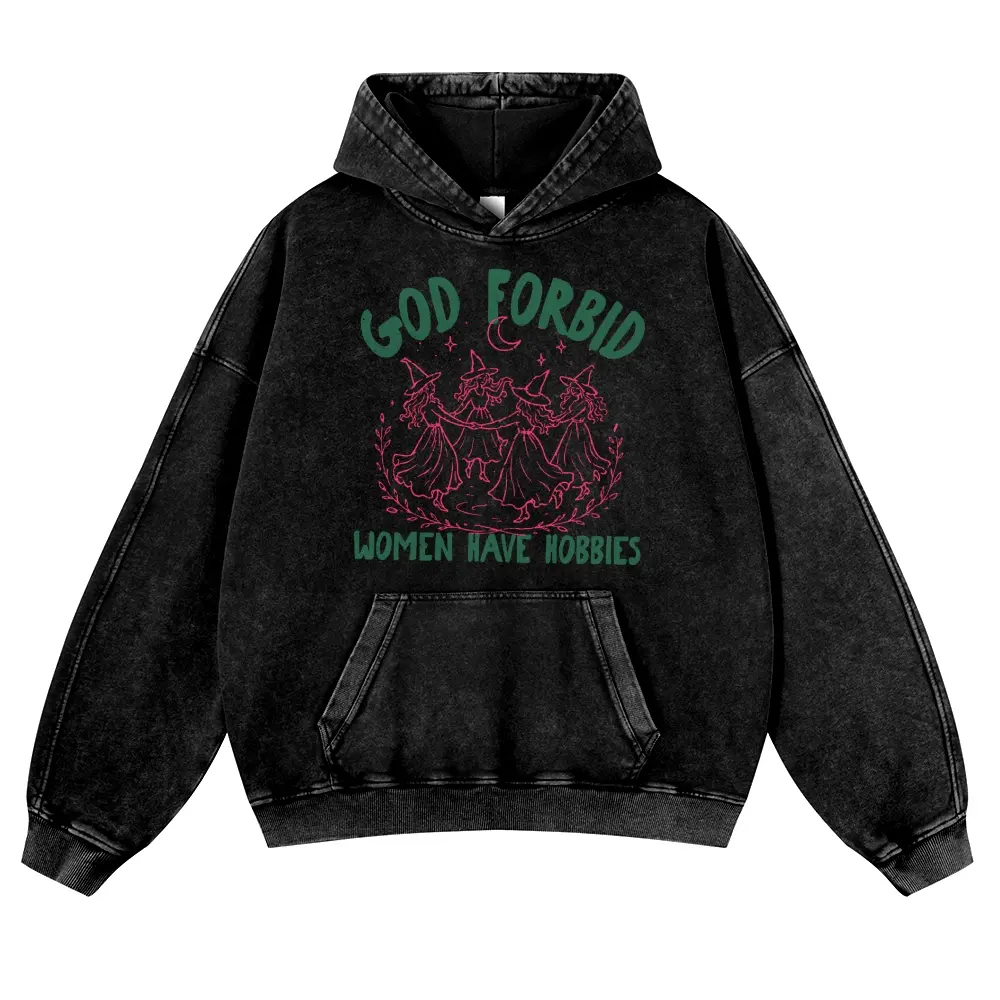 Unisex Vintage Washed Cotton Hoodie - "God Forbid Women Have Hobbies" Dancing Witches Coven Graphic, Oversized Acid Wash Casual Top with Comfortable Fabric Fit for Spooky Season