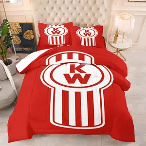 Vintage KW Truck Badge Comforter Bedding Set, 1 Comforter + 1-2 Pillowcases, Durable Soft Comfy Washable Bed Set, Red Background White Truck Logo Quilt Set, Retro Trucker Room Decor for Truck Drivers & Male Fans